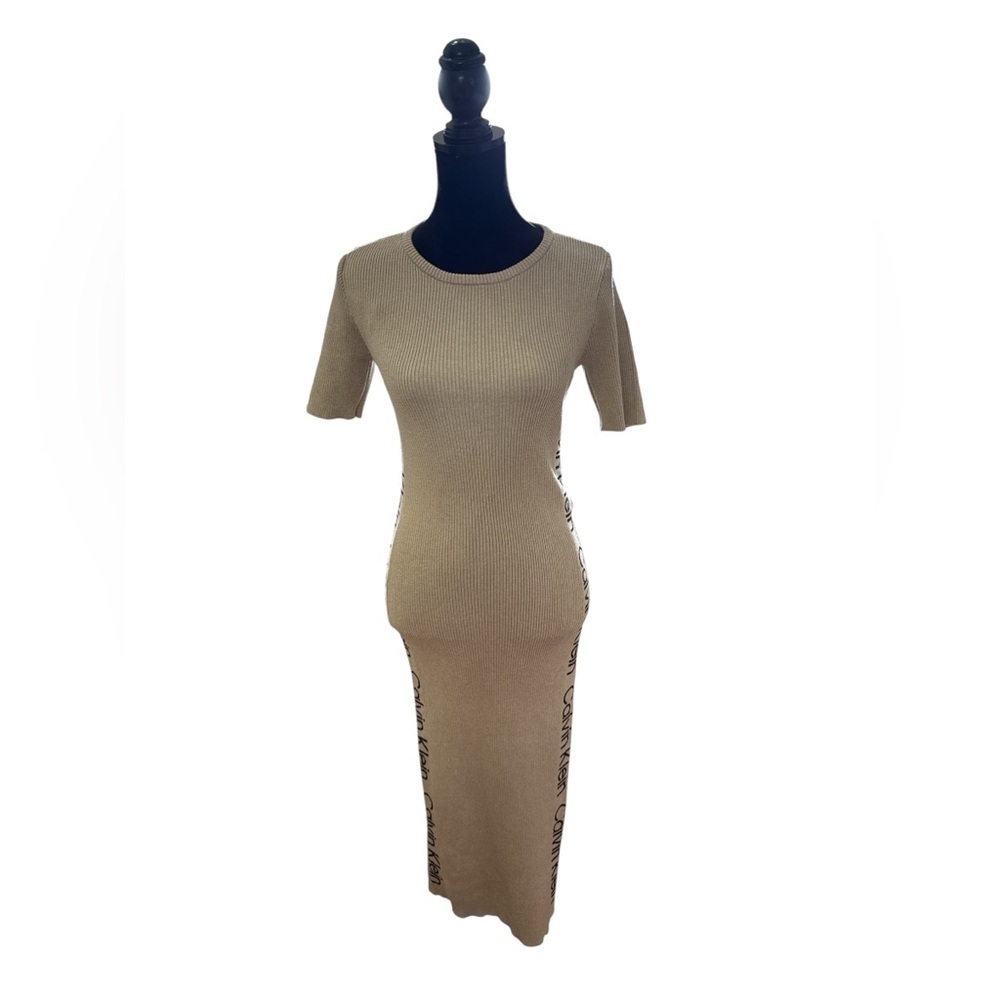 Calvin Klein Ribbed Knit Midi Dress Beige Logo Side Panels Bodycon Short Sleeve - Picture 2 of 10